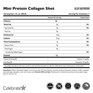 Nutričný štítok pre Mini Protein Collagen Shot s príchuťou modrá malina, vrátane veľkosti porcie, kalórií a ingrediencií.